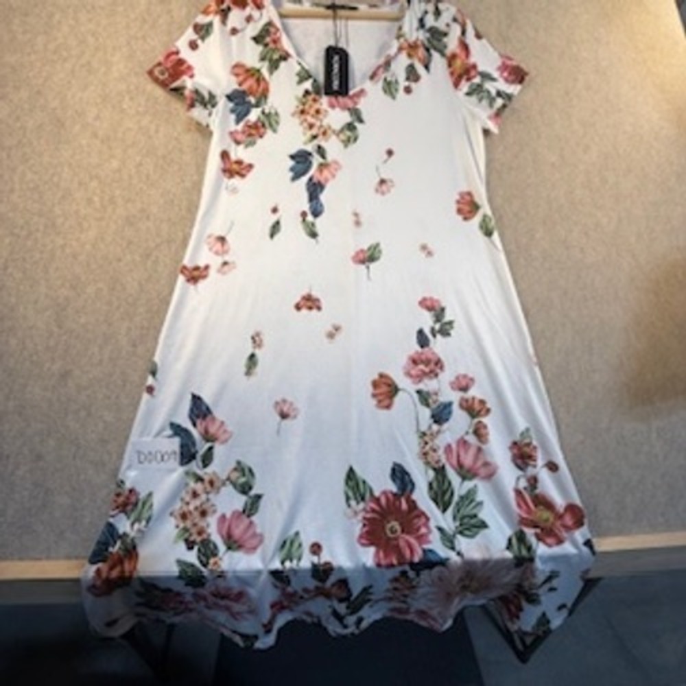 Noracora White Floral V-Neck Short Sleeve Midi Dress Womens Size Large NWT
